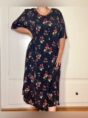 Vintage 90s Debra Martin Black Polka Dot Cherry Tie Back Button Up Maxi Dress